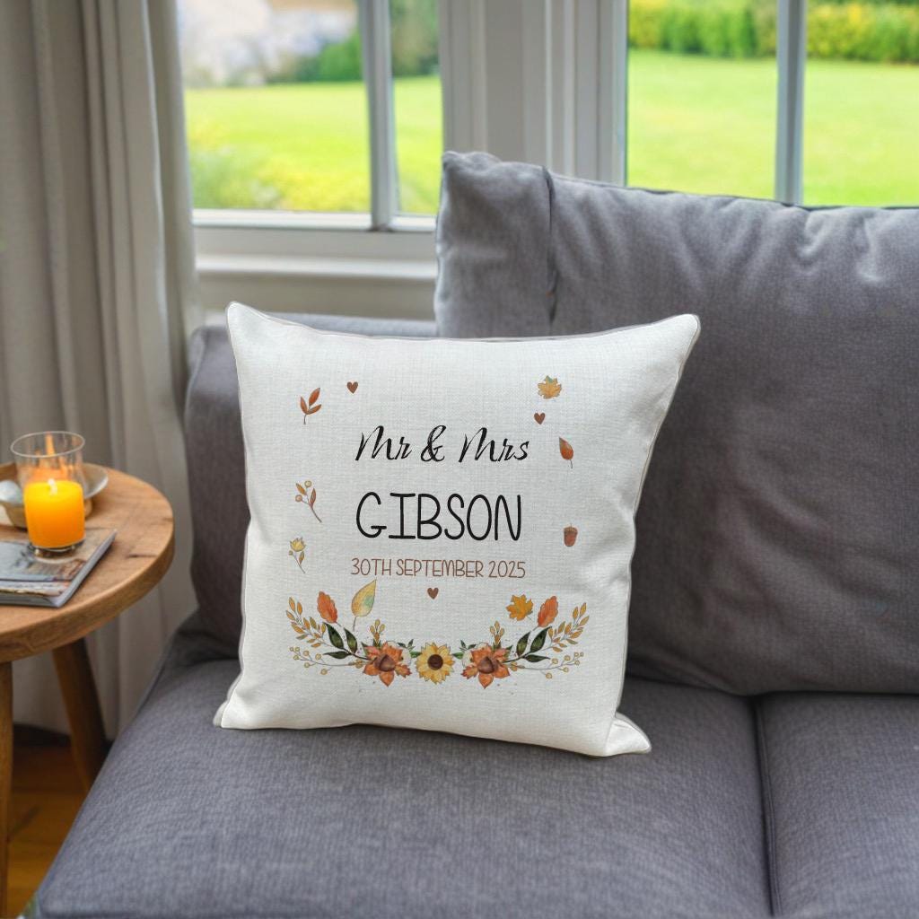 Personalised Wedding Cushion: Autumn Print Mr & Mrs Gift