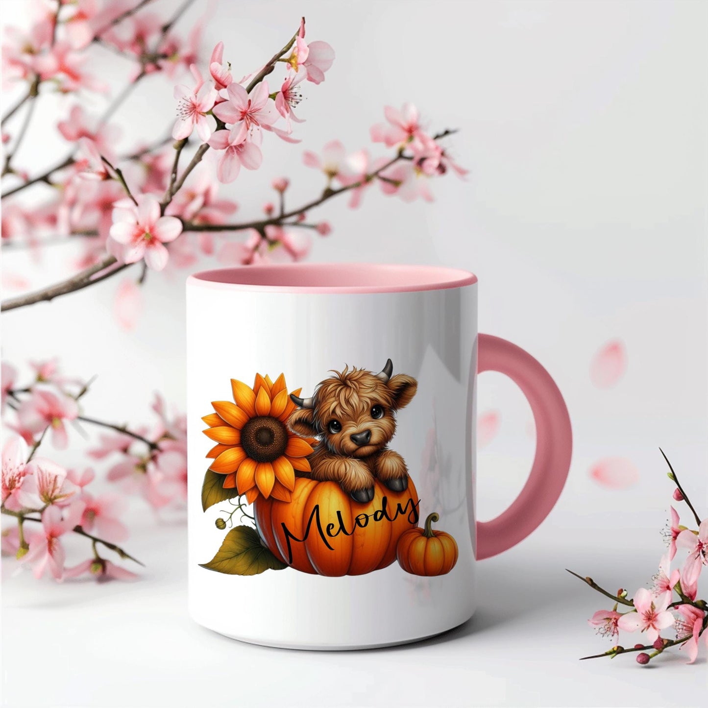 Personalised Highland Cow Halloween Mug: Autumn Sunflowers, Pumpkin Name