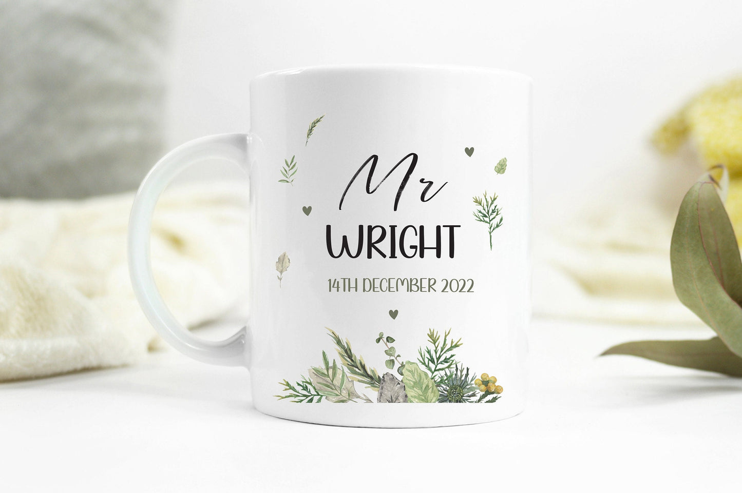 Personalised Wedding Mugs: Foliage Design, Mr & Mrs Gift Set
