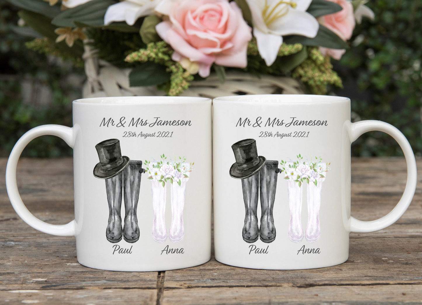 Personalised Wedding Wellies Mug: Mr & Mrs Gift, wedding gift, anniversary gift, couple gift
