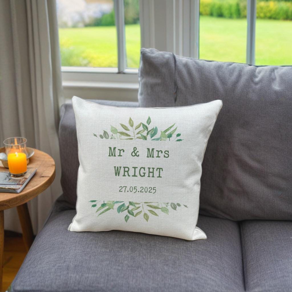 Personalised Wedding Cushion: Eucalyptus Print, Mr & Mrs Gift
