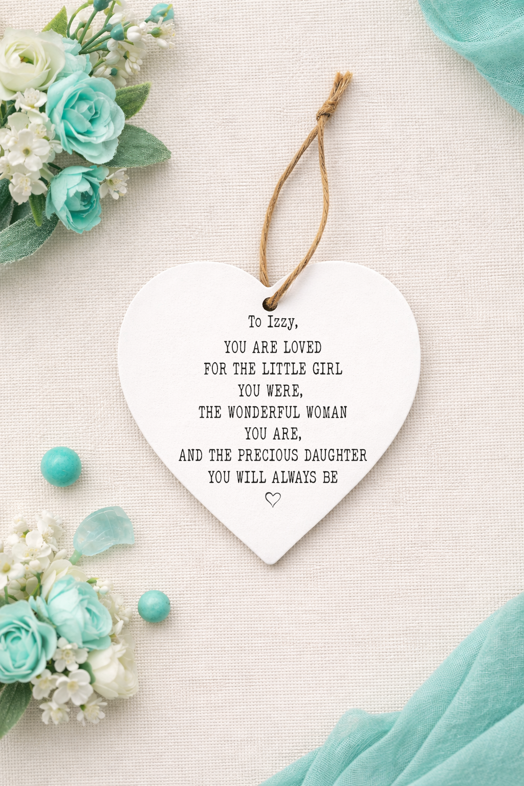 heart shaped decoration with poem for daughter from parent, a gift for grown children