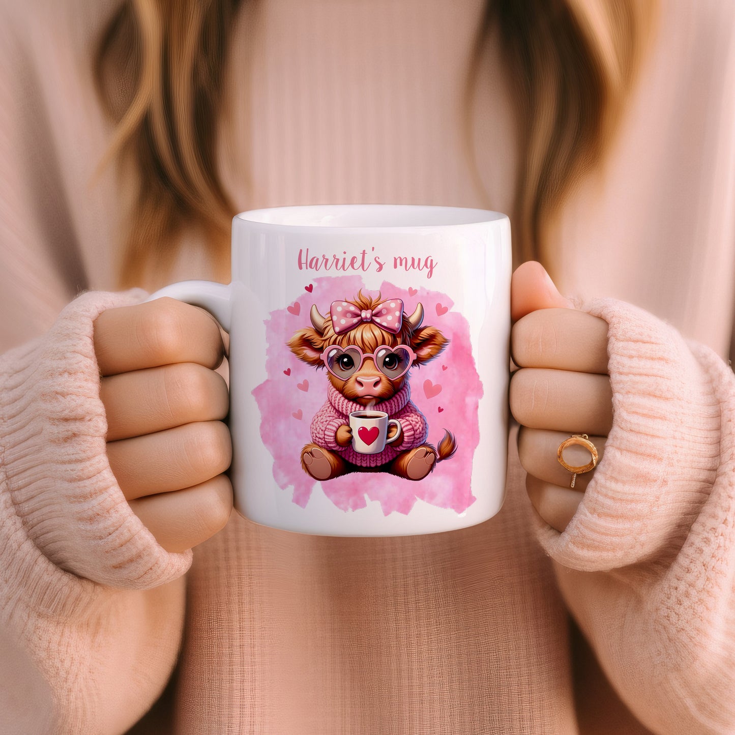 Highland cow valentine's mug, bubblegum cow