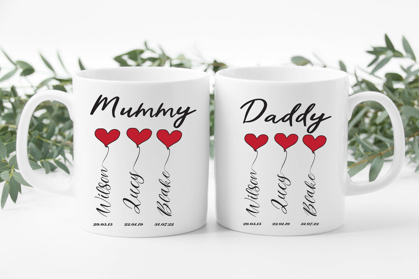 Personalised Mummy & Daddy Mug Set: Balloon Design, Kids Names