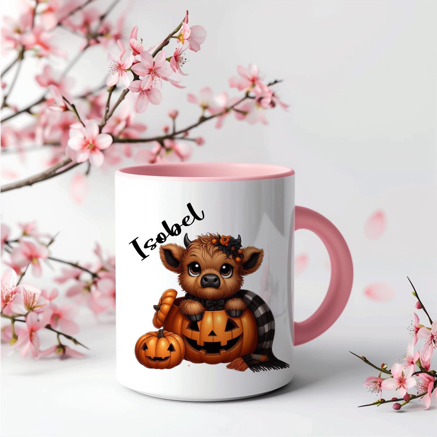 Highland cow, cute Halloween, boo basket personalised highland cow, gift for her, highland cow designs. Trending new designs, pumpkin mug