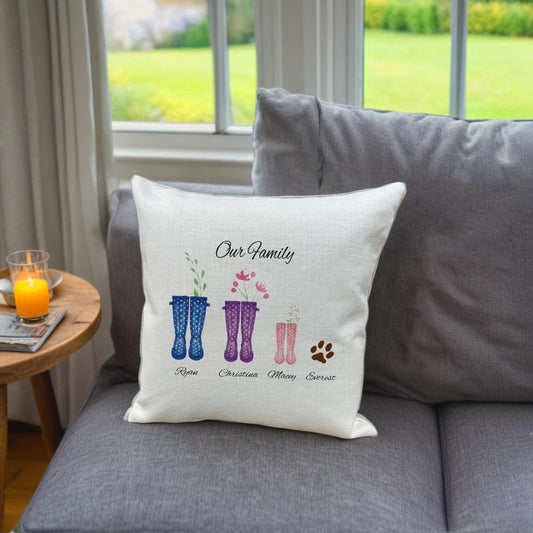 Wellies family cushion. Welly family print accessory for home, christmas cushion, family cushion, personalised family wellies,