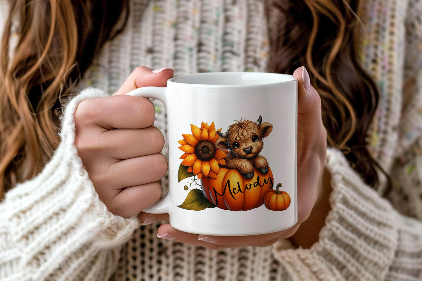 Personalised Highland Cow Halloween Mug: Autumn Sunflowers, Pumpkin Name