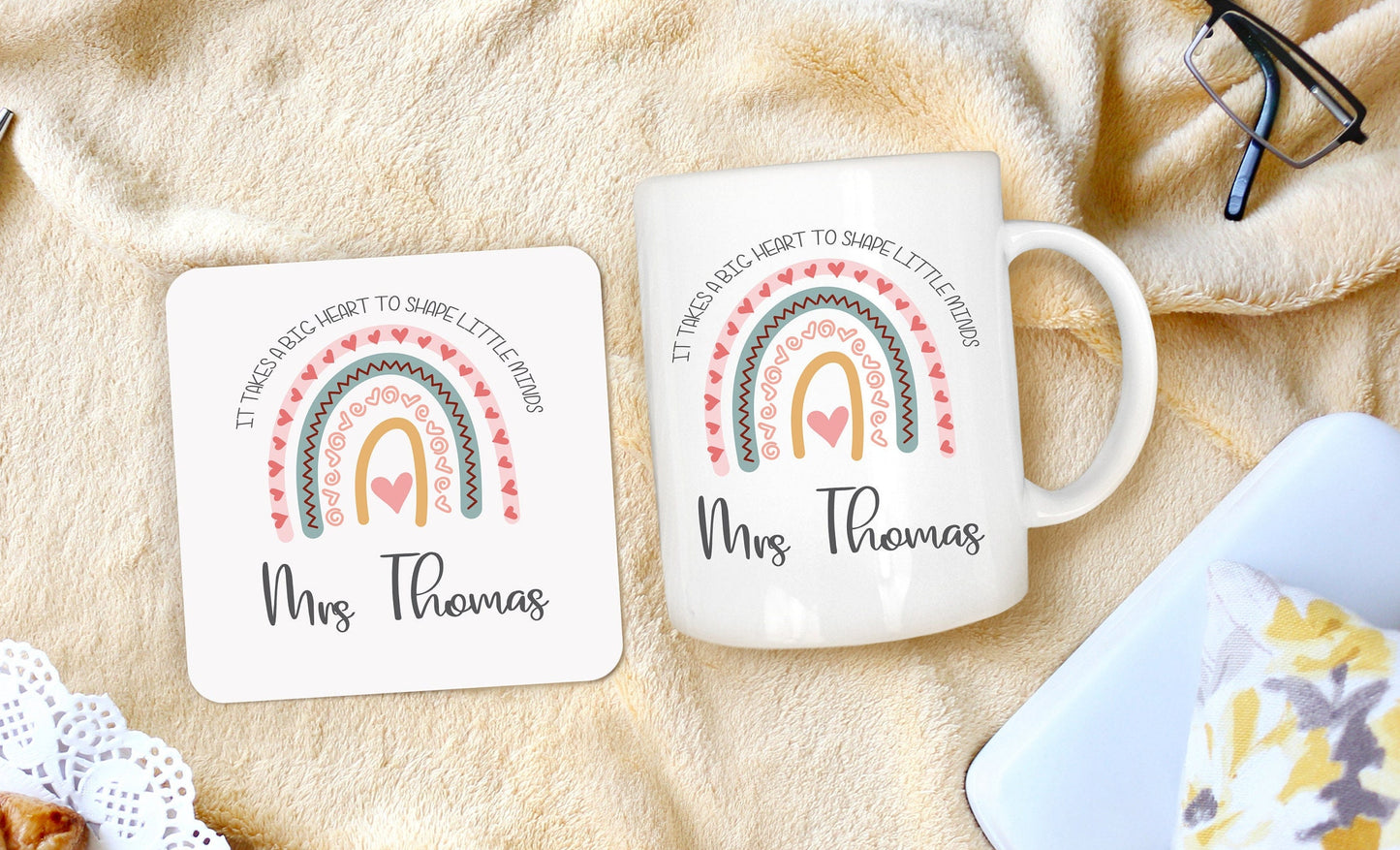 Personalised Teacher Mug & Coaster Set: Rainbow Design, Big Heart Little Minds