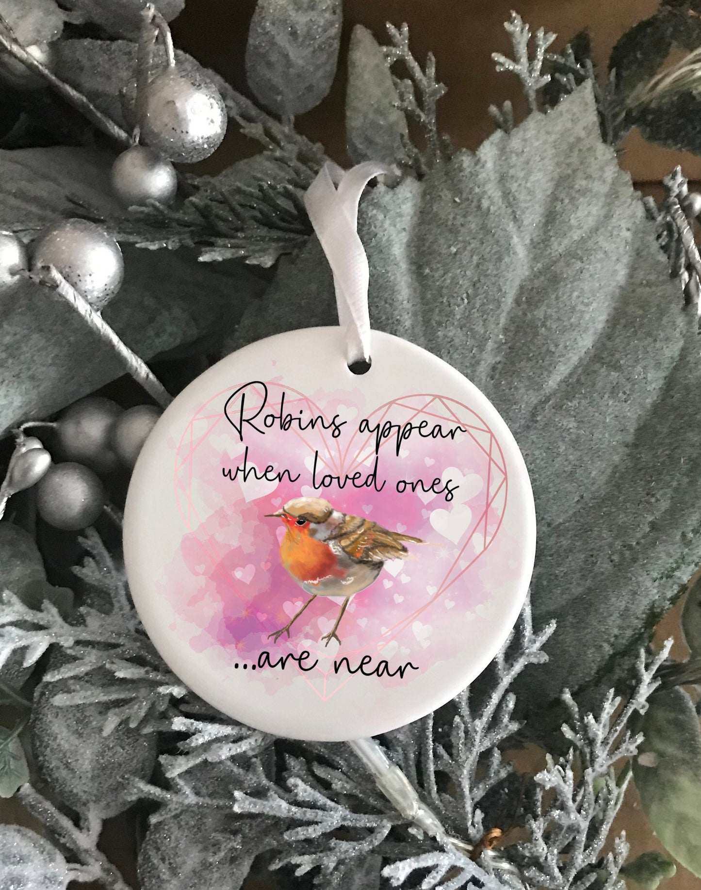 Robins appear when loved ones are near. Wooden tree decoration. Missing someone at christmas. Christmas in heaven, Angel, memorial gift