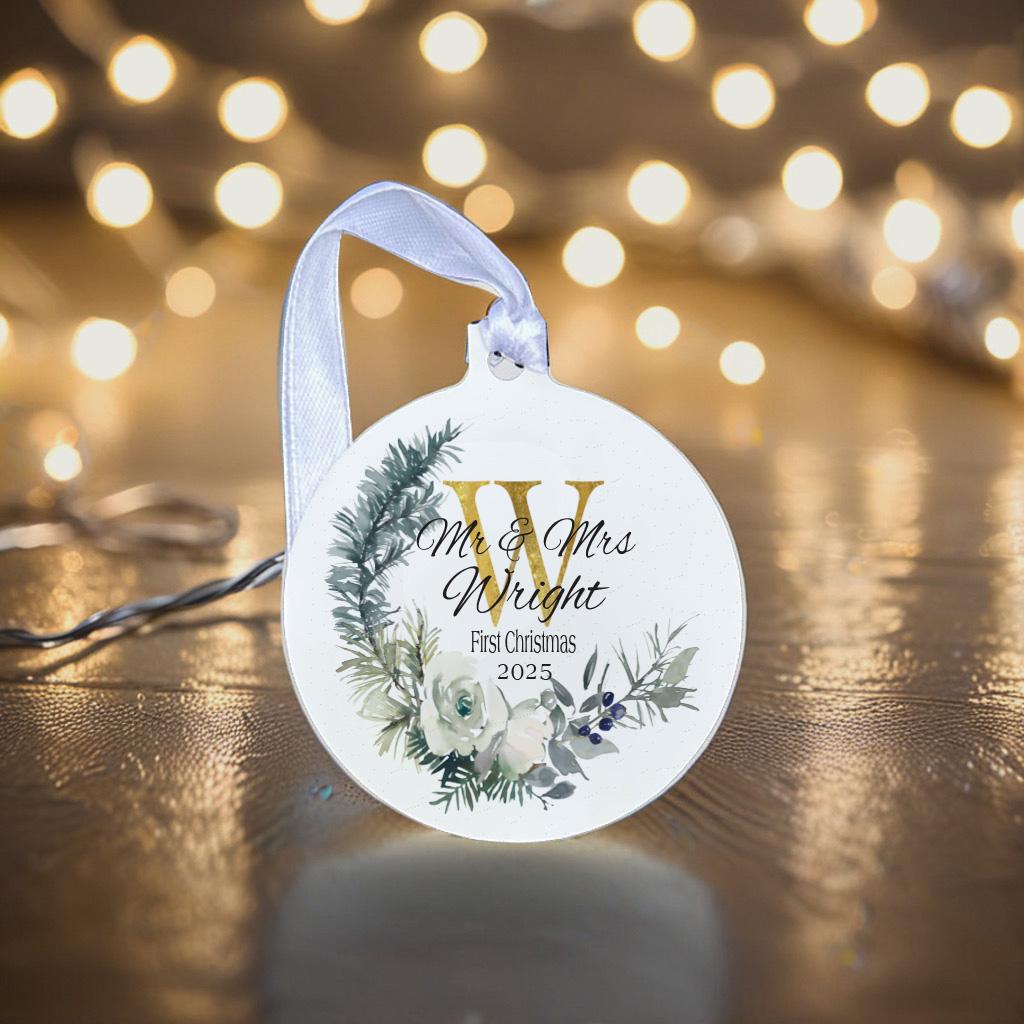 First christmas  Mr and Mrs, newly wed gift, christmas ceramic tree, watercolour floral monogram, mr and mrs gift, first christmas married