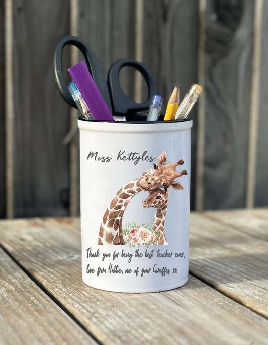 Personalised Giraffe Teacher Pen Pot: End of Term Gift, giraffe class, giraffe design, cute teacher gift