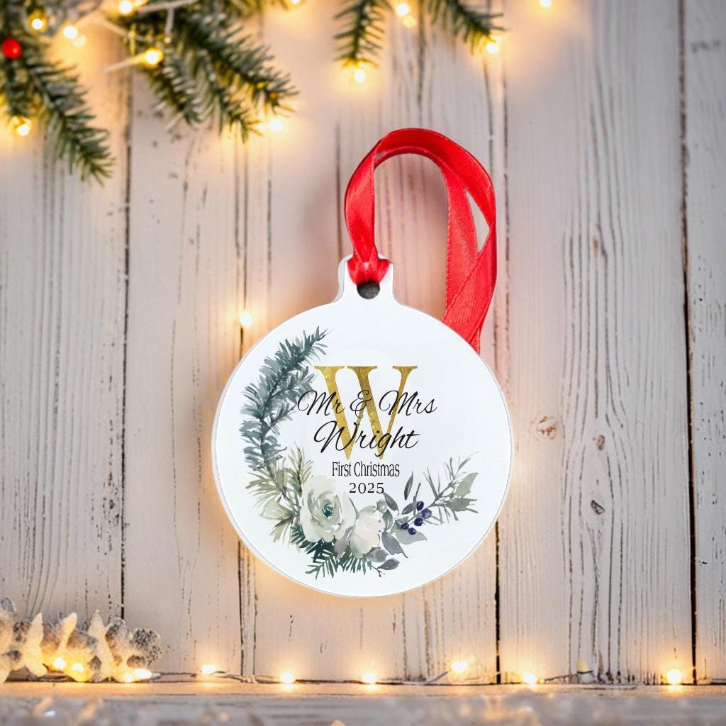 First christmas  Mr and Mrs, newly wed gift, christmas ceramic tree, watercolour floral monogram, mr and mrs gift, first christmas married
