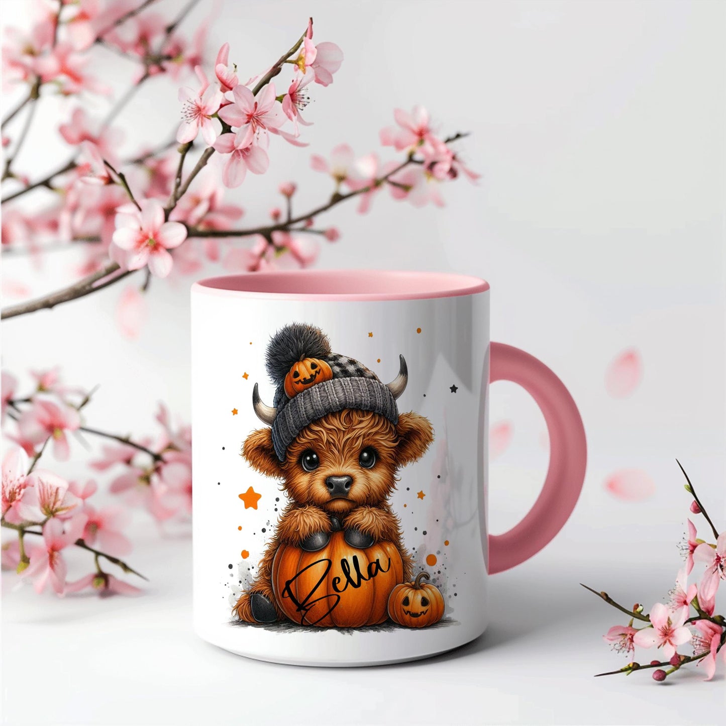 Highland cow, cute Halloween, boo basket personalised highland cow, gift for her, highland cow designs. Trending new designs, pumpkin mug