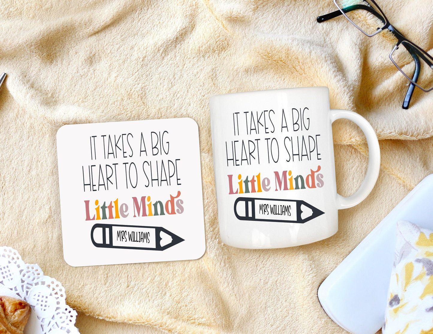 Personalised teacher mug, teacher coaster, teacher gift set, gift for teacher, thank you teacher, big heart little minds, gift for nursery
