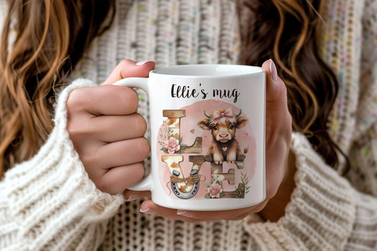 Highland cow valentine's mug, LOVE design