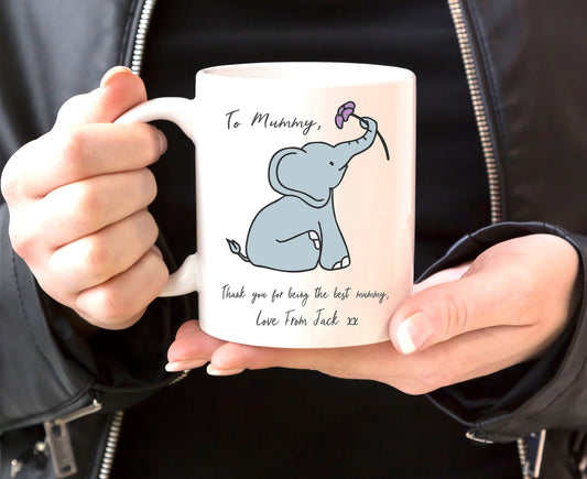 Personalised mug for mum, elephant design. Cute elephant mug, personalised message to mum, mom, mummy, mama, thank you mum, mothers day
