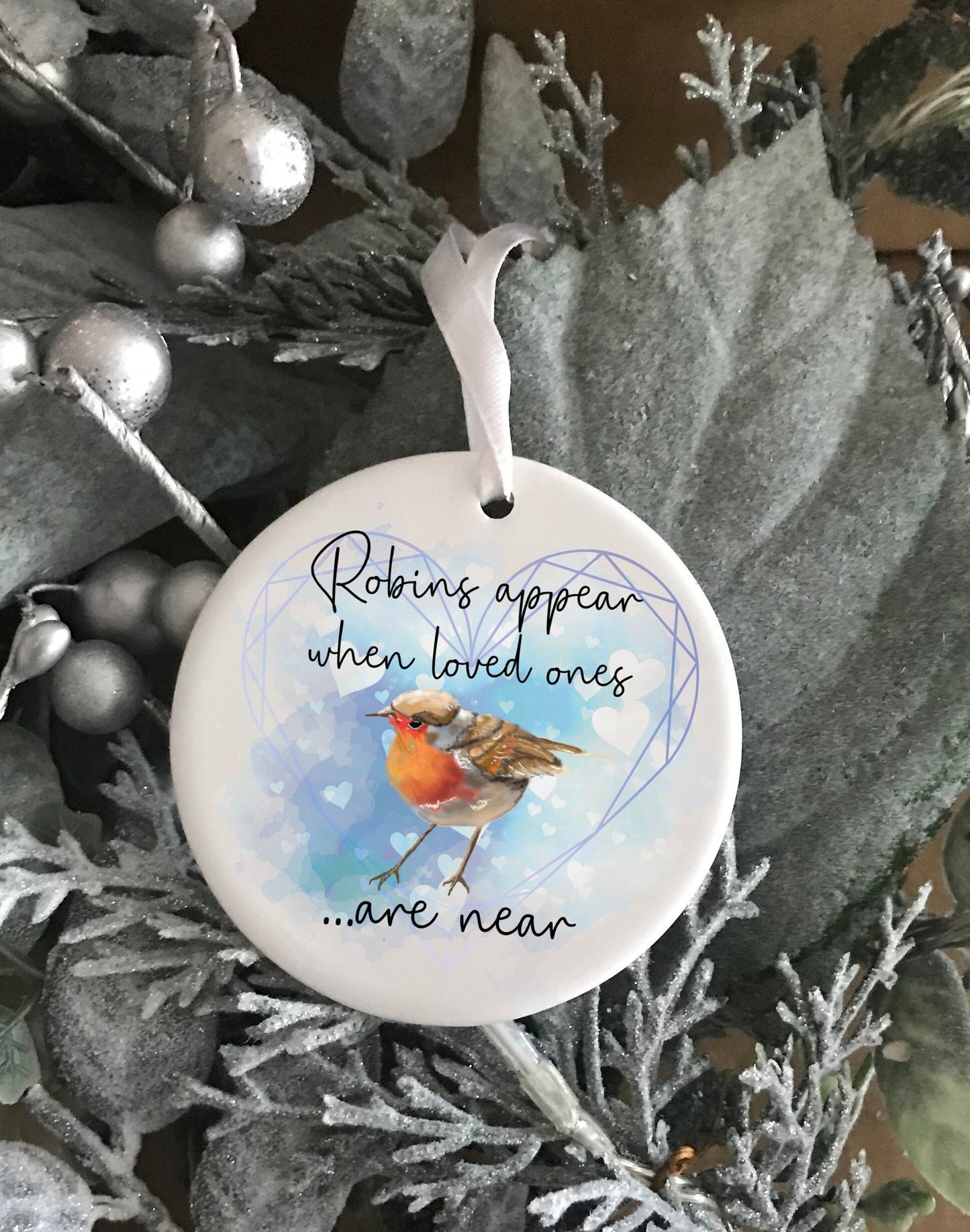 Robins appear when loved ones are near. Wooden tree decoration. Missing someone at christmas. Christmas in heaven, Angel, memorial gift