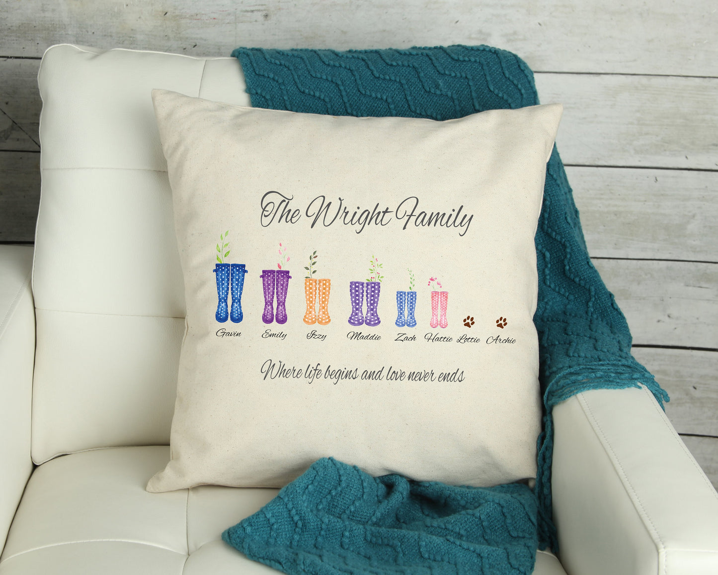 Wellies family cushion. Welly family print accessory for home, christmas cushion, family cushion, personalised family wellies,