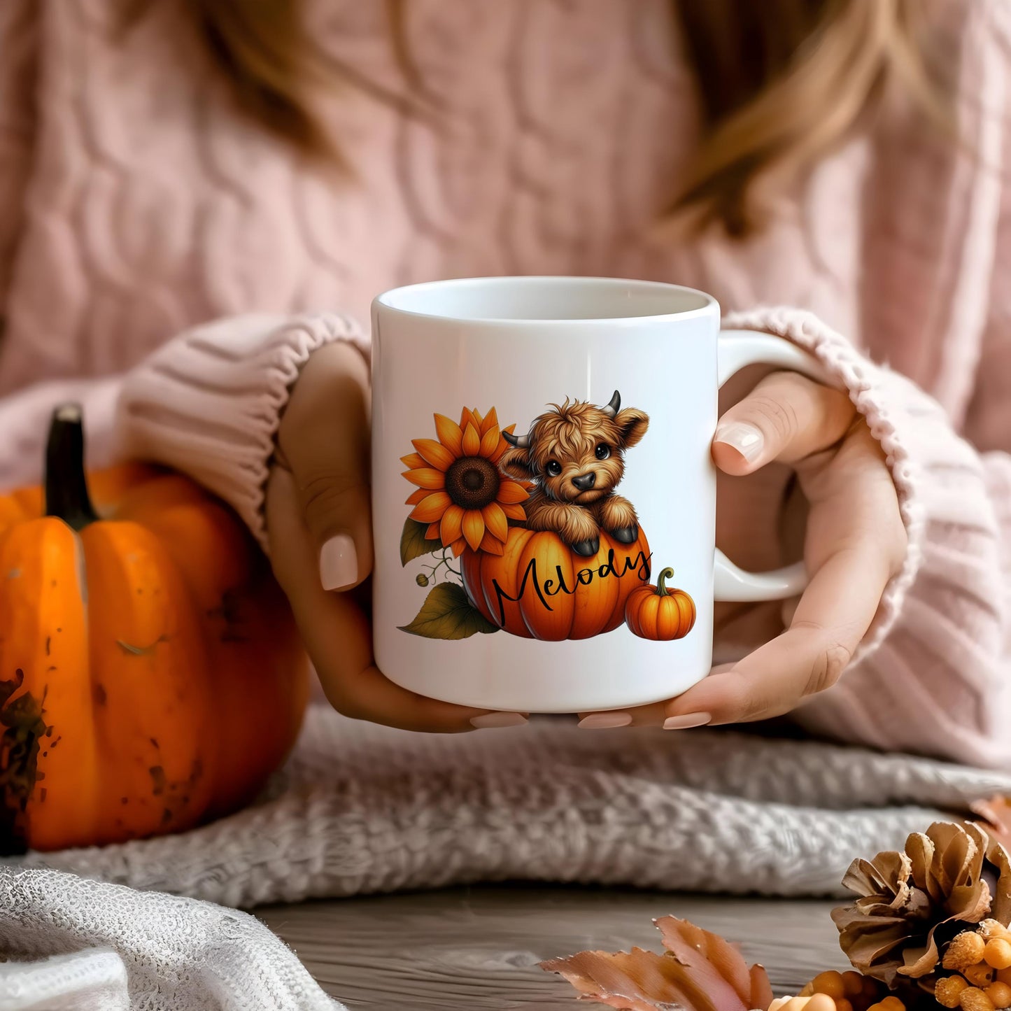 Personalised Highland Cow Halloween Mug: Autumn Sunflowers, Pumpkin Name