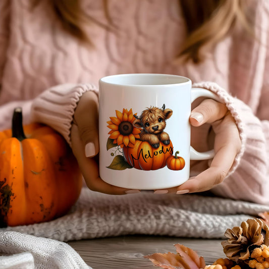 Personalised Highland Cow Halloween Mug: Autumn Sunflowers, Pumpkin Name