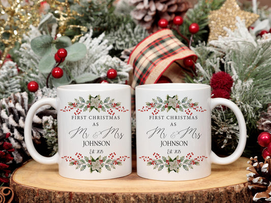 Personalised First Christmas Mr & Mrs Mug Set: Newlywed Couple Gift, 1st christmas, keepsake, home decor, gift for couple, wedding gift