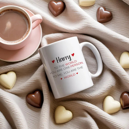Personalised Valentine's Day Mug, Coaster, Gift for Boyfriend Girlfriend Wife Husband Custom Name To Me You Are The World Romantic Present