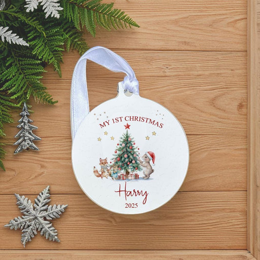 Personalised Baby's First Christmas Ornament: Woodland Animals Metal Tree Decoration, 1st christmas, first christmas, new baby