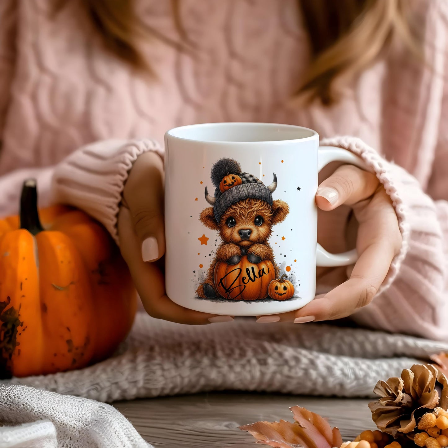 Highland cow, cute Halloween, boo basket personalised highland cow, gift for her, highland cow designs. Trending new designs, pumpkin mug
