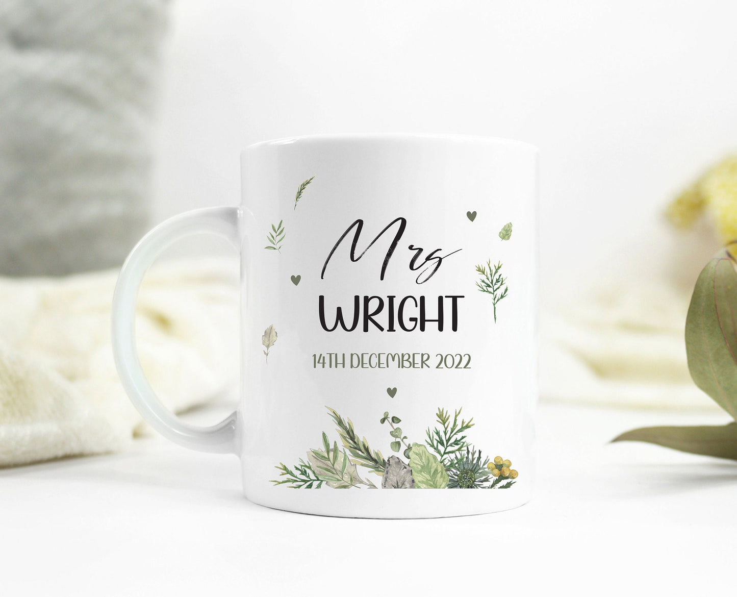 Personalised Wedding Mugs: Foliage Design, Mr & Mrs Gift Set