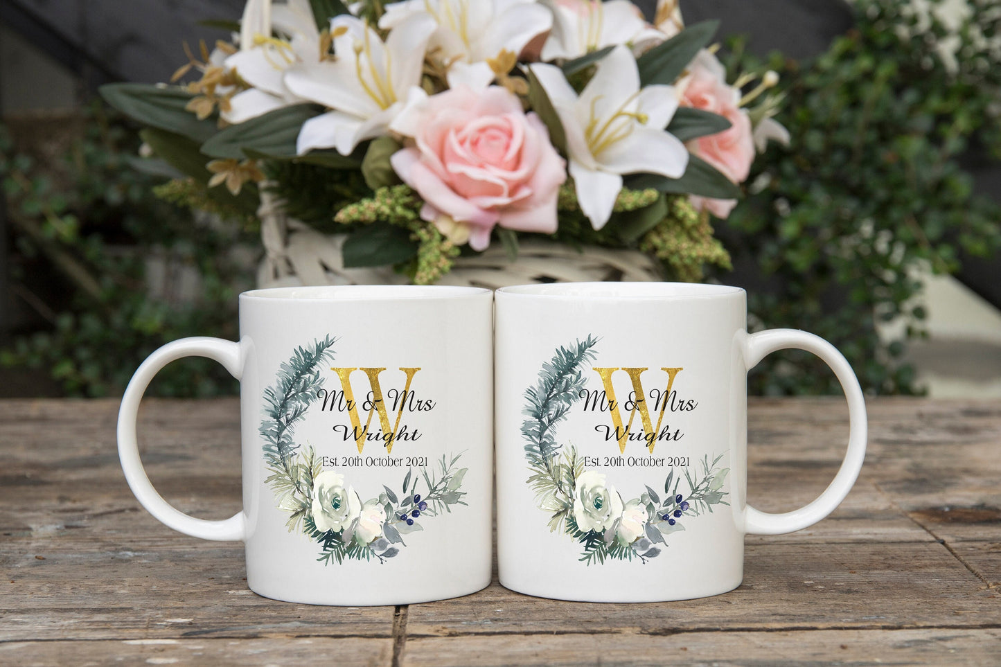 Personalised Floral Wedding Mug: Mr & Mrs Gift, christmas wedding, winter wedding