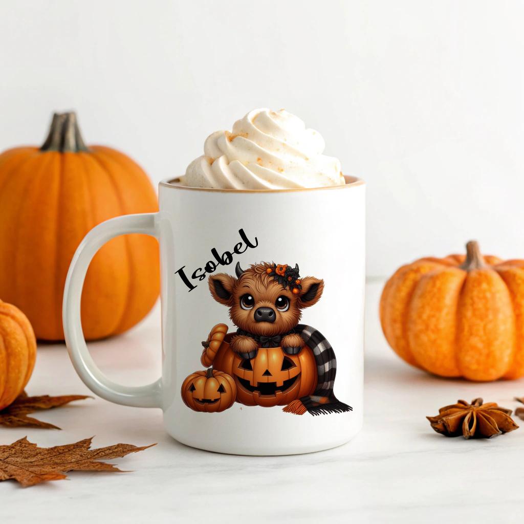 Highland cow, cute Halloween, boo basket personalised highland cow, gift for her, highland cow designs. Trending new designs, pumpkin mug