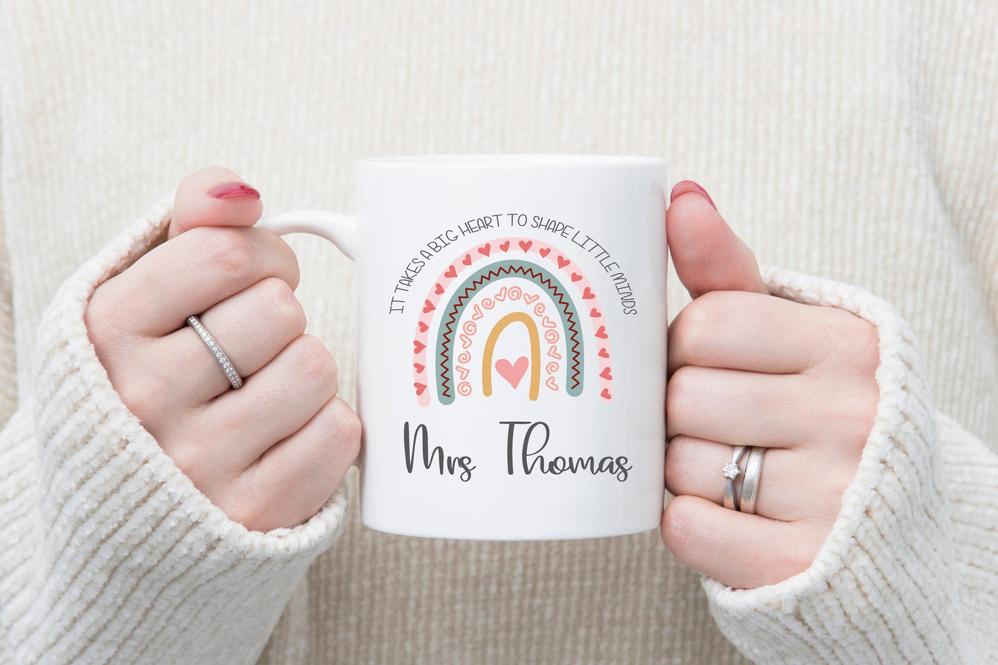 Personalised Teacher Mug & Coaster Set: Rainbow Design, Big Heart Little Minds