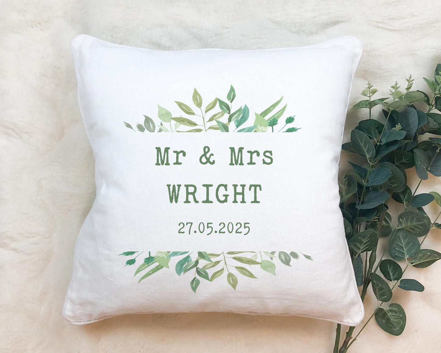 Personalised Wedding Cushion: Eucalyptus Print, Mr & Mrs Gift
