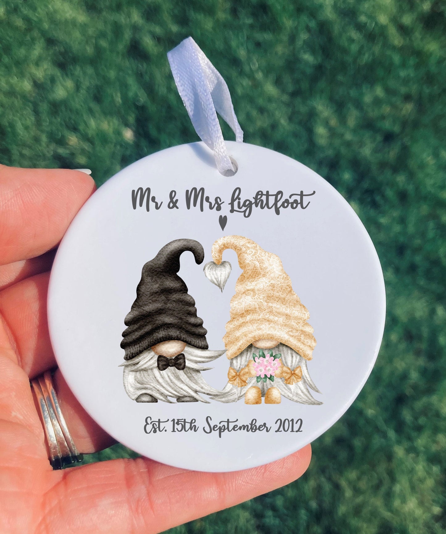 Personalised Mr and Mrs Gnome Wedding Ornament Cute Couple Gift Anniversary Keepsake Wooden Decoration Unique Wedding Gift Custom Name
