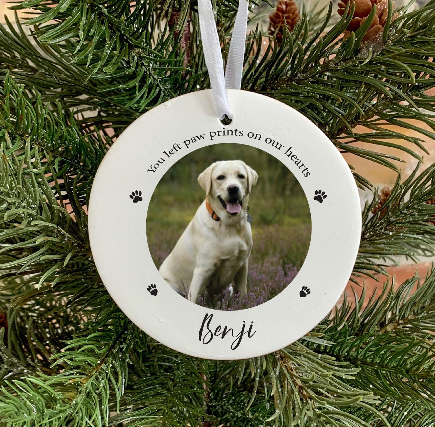 Personalised Pet Memorial Ornament: Paw Prints on Our Heart, Metal Decoration