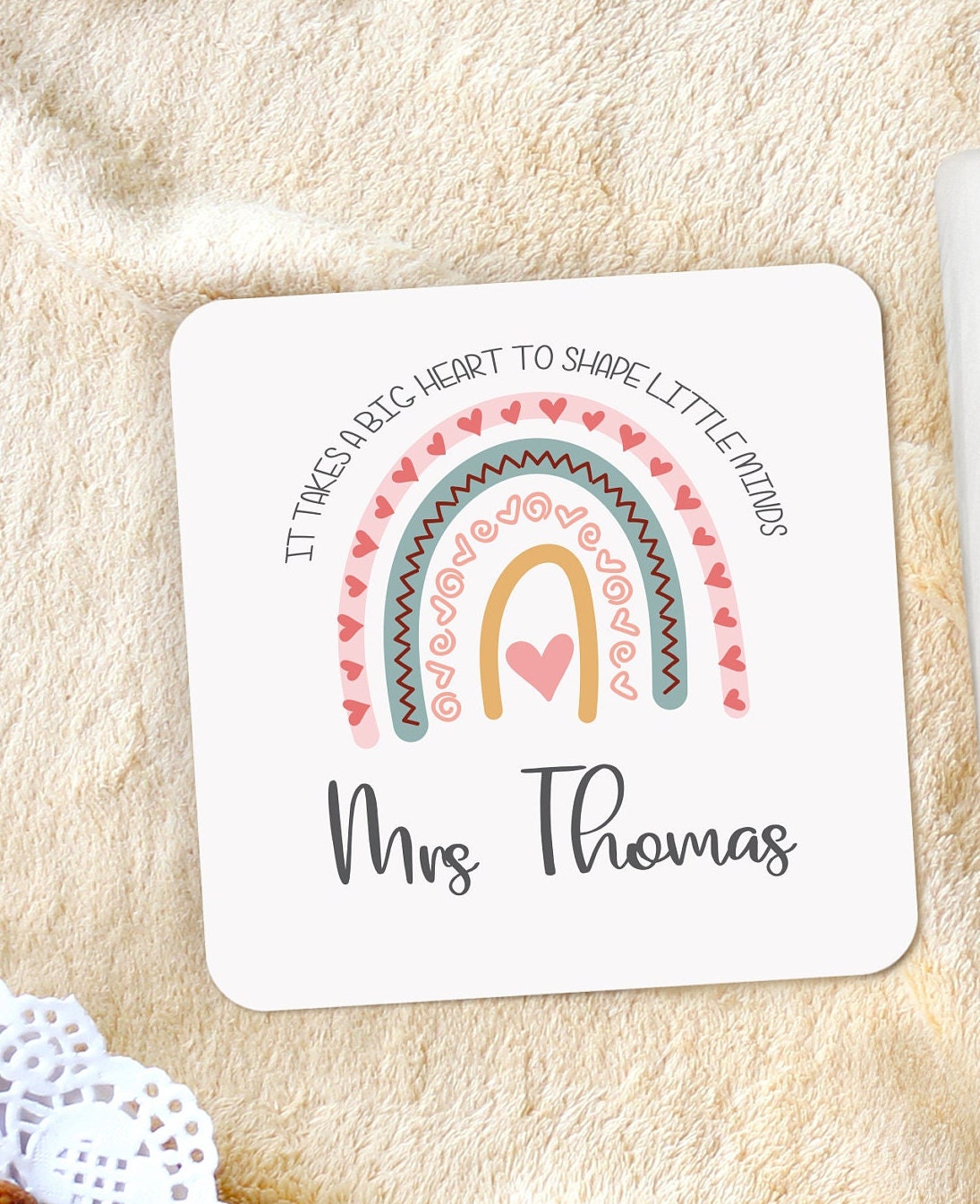 Personalised Teacher Mug & Coaster Set: Rainbow Design, Big Heart Little Minds