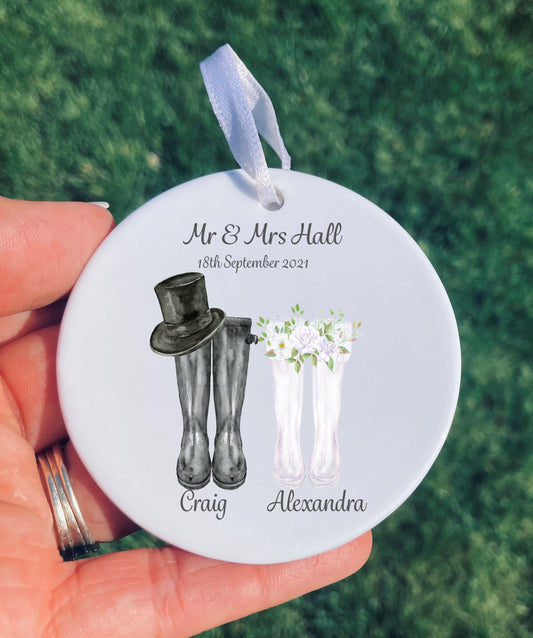 Personalised Wedding Welly Boot Ornament: Mr & Mrs Gift