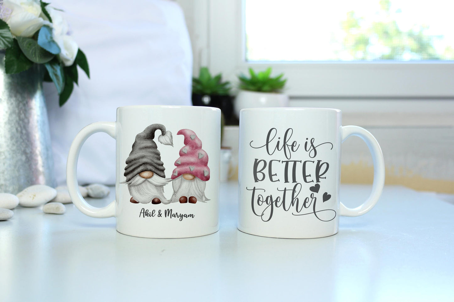 Personalised Gnome Couple Mug: His and Hers Gift, wedding gift, gonks, life is better together, newlyweds, anniversary, cute couple gift