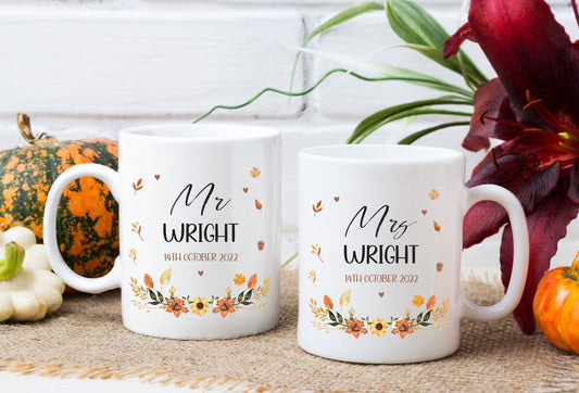 Personalised Autumn Wedding Mugs: Mr & Mrs Gift Set, wedding gift, personalised wedding gift, unique wedding gift, fall wedding