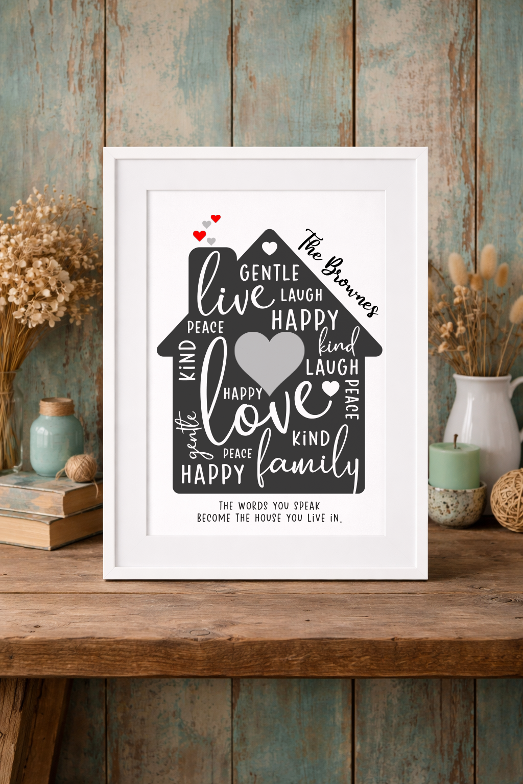 Personalised word art print in shape of house for family. A family quote personalised with family name