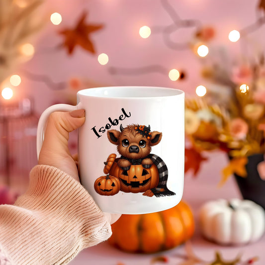 Highland cow, cute Halloween, boo basket personalised highland cow, gift for her, highland cow designs. Trending new designs, pumpkin mug