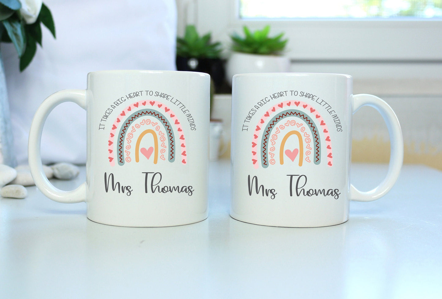 Personalised Teacher Mug & Coaster Set: Rainbow Design, Big Heart Little Minds