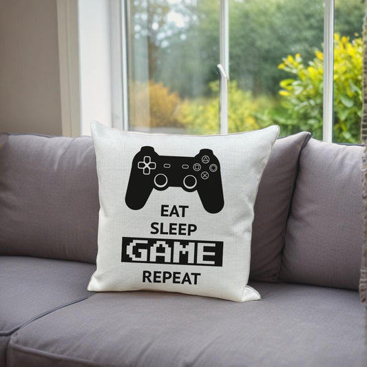 Eat Sleep Game repeat, gamer gift, cushion gift, cushion for gamer, gamer gift idea, eat sleep repeat, gamer life, gaming, gamily, gamer