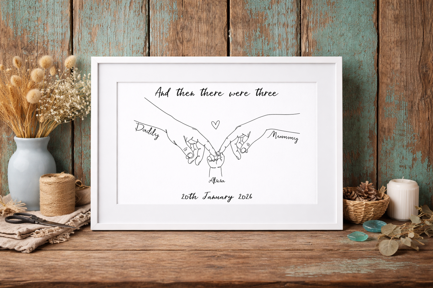 fine art illustration of family hands, mother, father and new baby. a personalised print for new parents