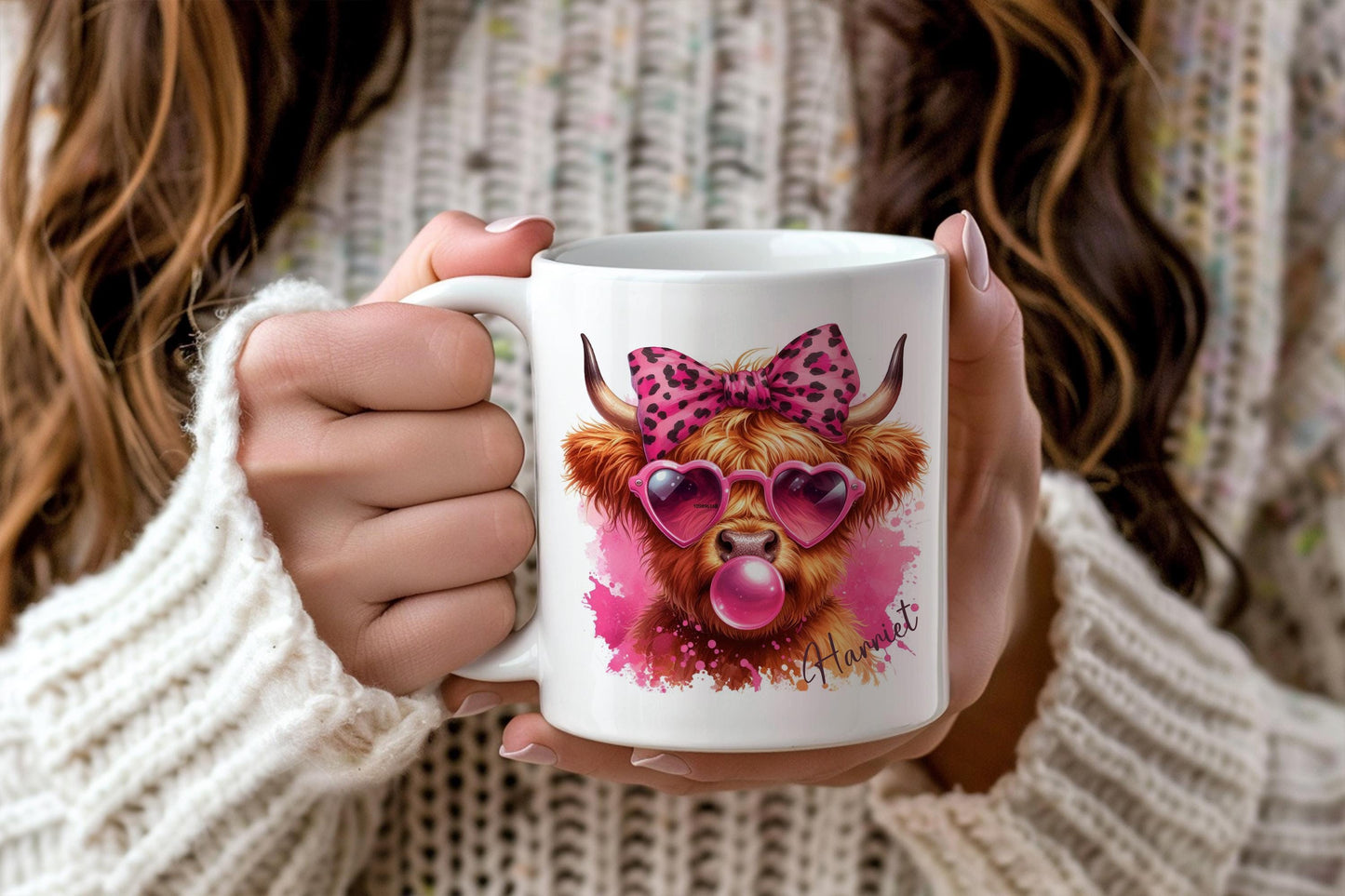 Highland cow, bubblegum design, personalised highland cow, gift for her, highland cow designs. Trending new designs