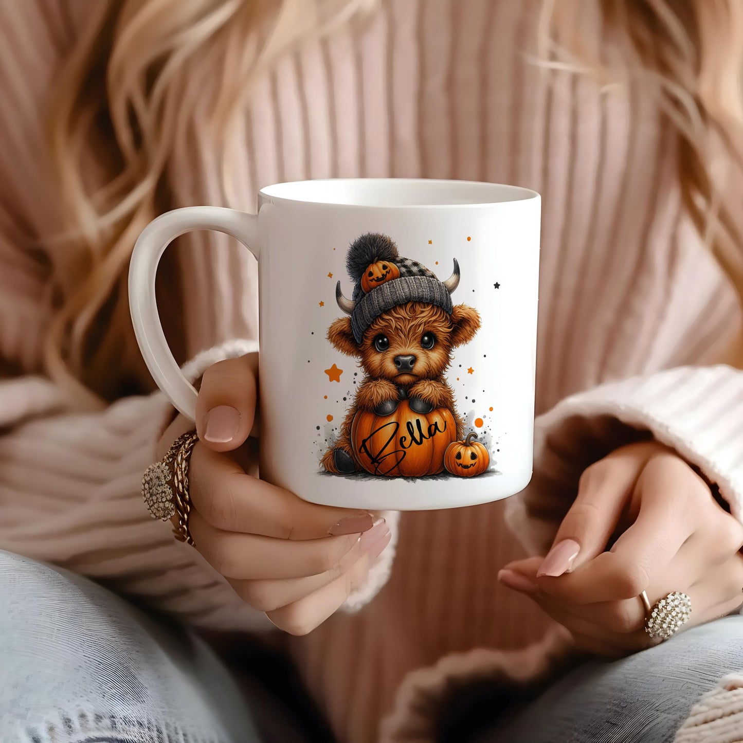 Highland cow, cute Halloween, boo basket personalised highland cow, gift for her, highland cow designs. Trending new designs, pumpkin mug