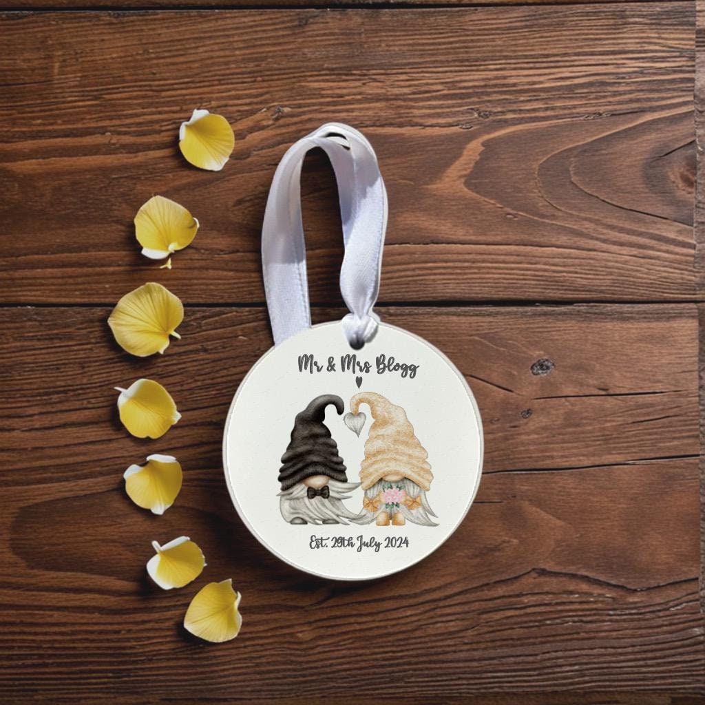 Personalised Mr and Mrs Gnome Wedding Ornament Cute Couple Gift Anniversary Keepsake Wooden Decoration Unique Wedding Gift Custom Name