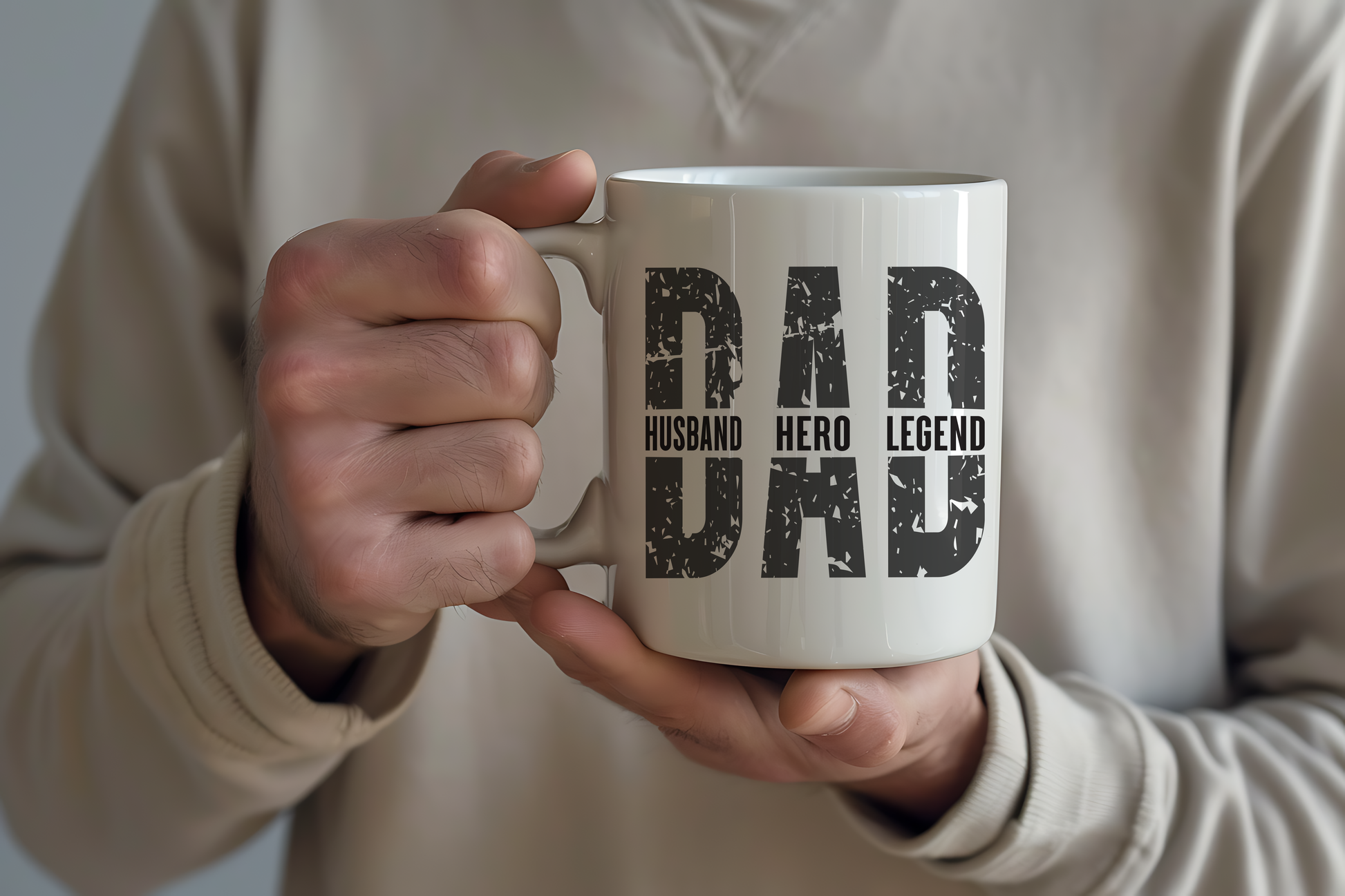 Person holding mug white dad mug with husband hero legend. gift for father, dad, daddy, different fathers day gift