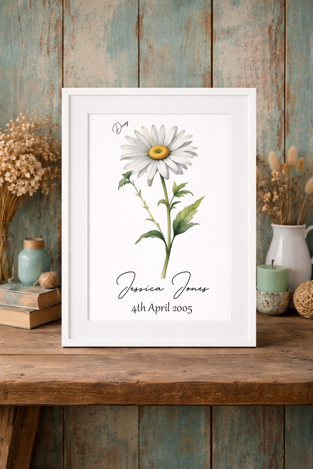 design of a personalised print featuring a birth flower, recipients name and date of birth, gift for a special birthday, milestone birthday, wall art