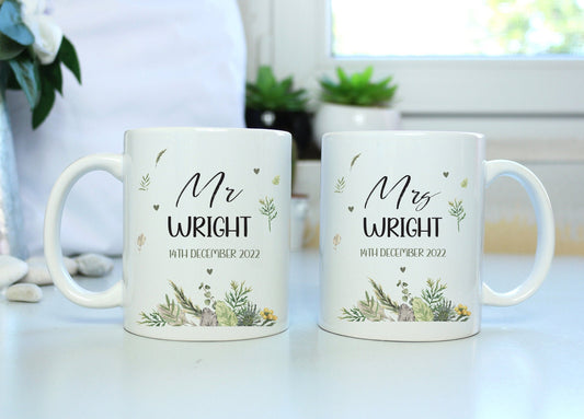 Personalised Wedding Mugs: Foliage Design, Mr & Mrs Gift Set